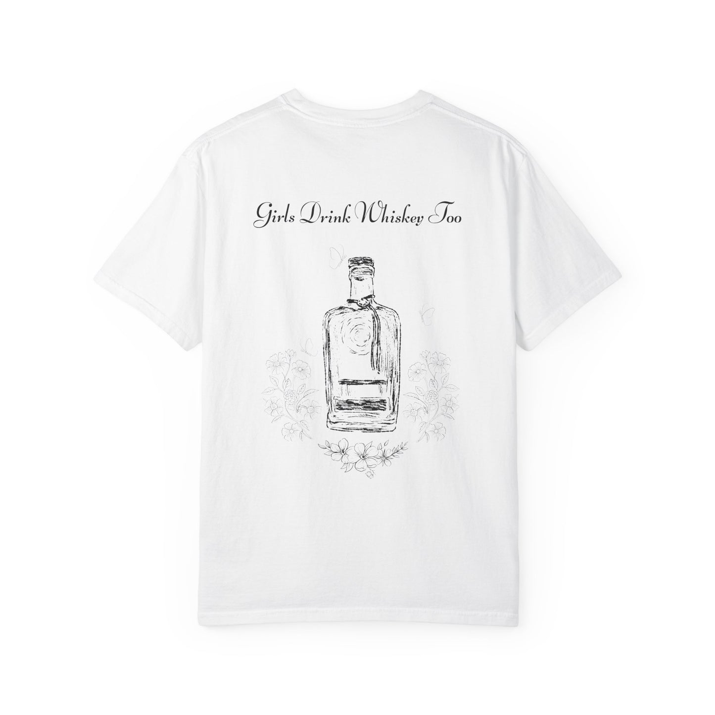 Girls Drink Whiskey Too T-Shirt — Feminine Whiskey Bottle Graphic Tee