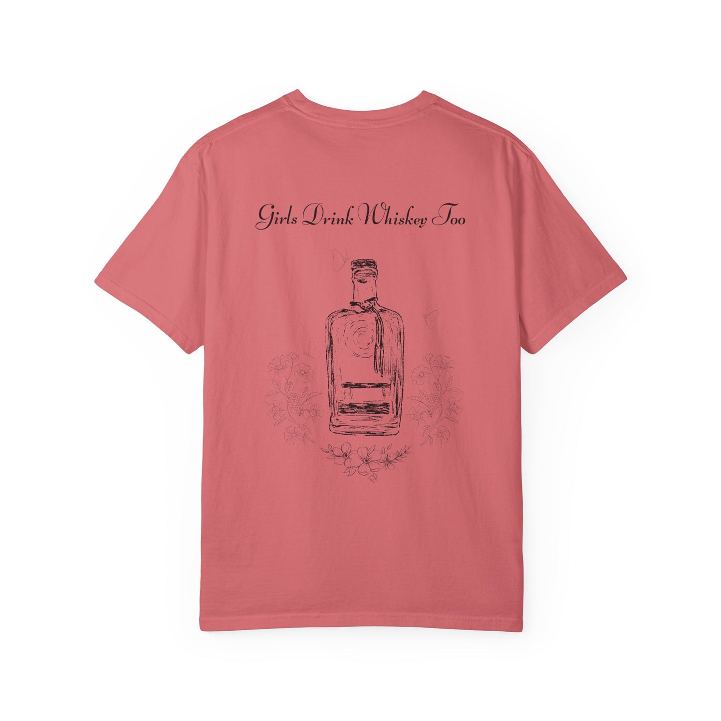 Girls Drink Whiskey Too T-Shirt — Feminine Whiskey Bottle Graphic Tee