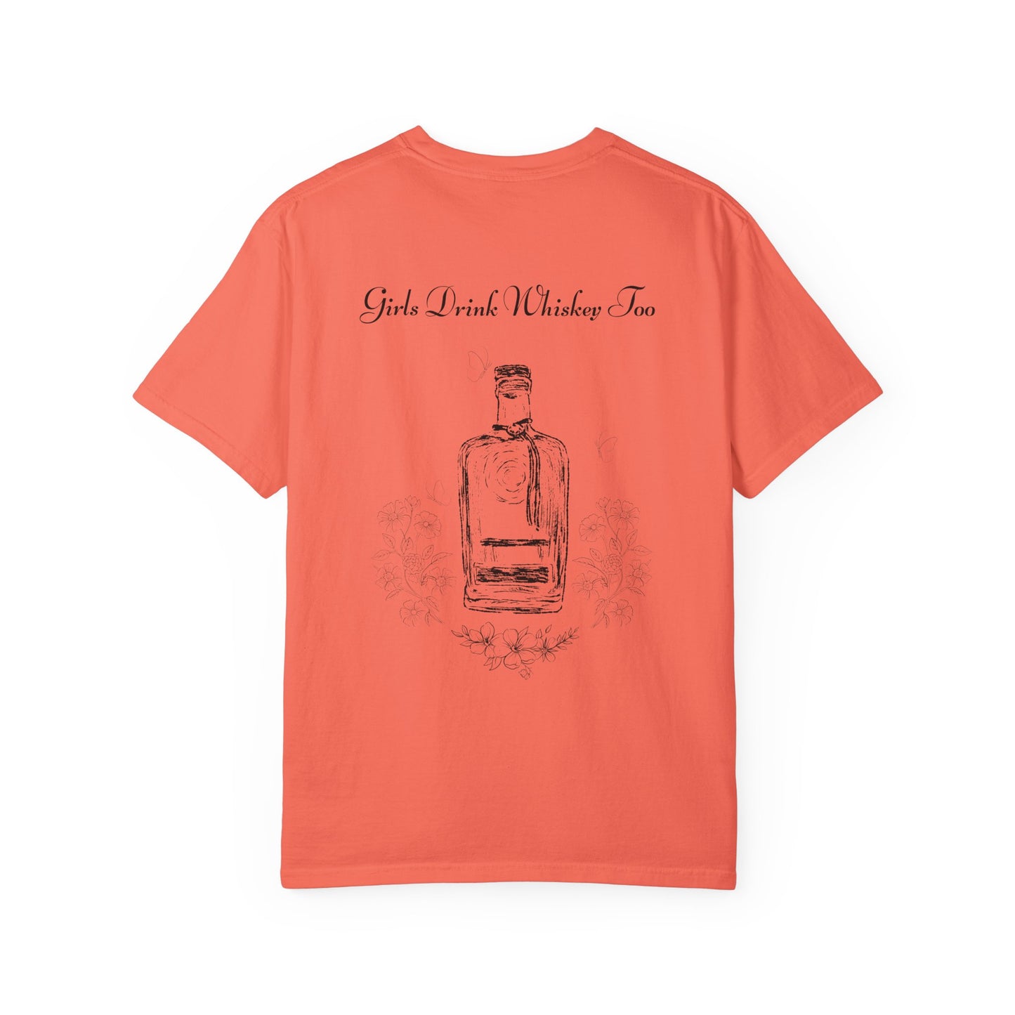 Girls Drink Whiskey Too T-Shirt — Feminine Whiskey Bottle Graphic Tee