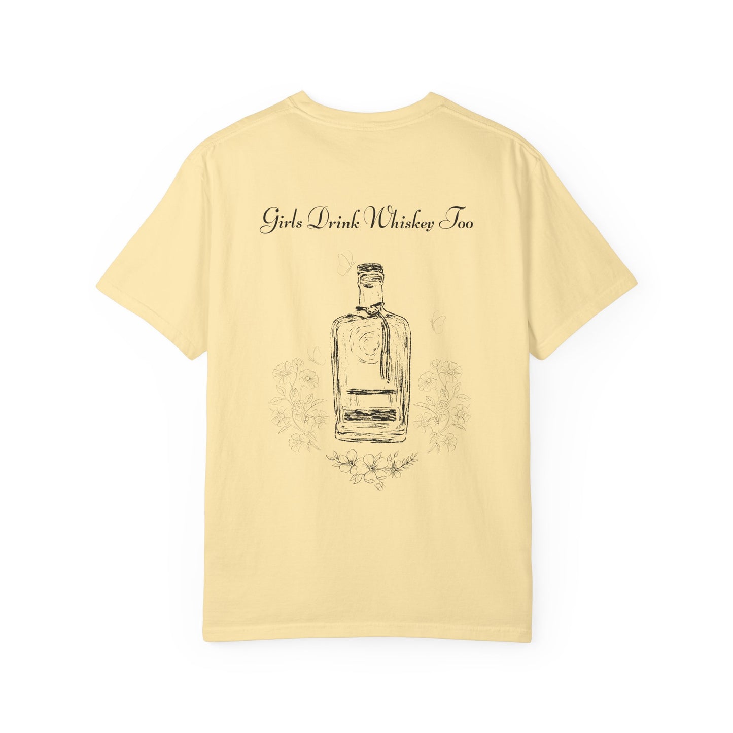 Girls Drink Whiskey Too T-Shirt — Feminine Whiskey Bottle Graphic Tee