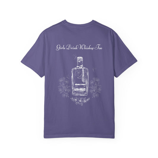Girls Drink Whiskey Too T-Shirt — Feminine Whiskey Bottle Graphic Tee