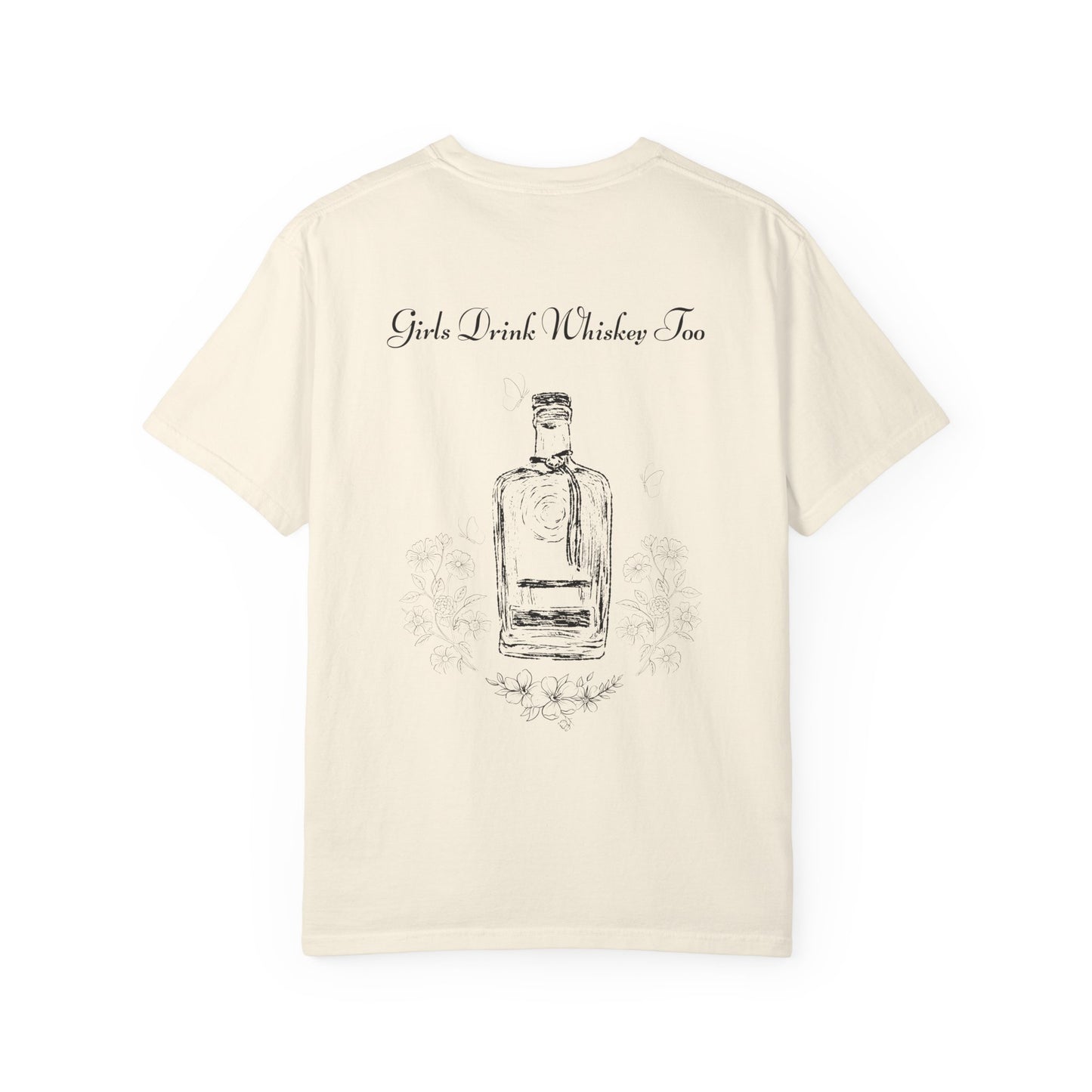 Girls Drink Whiskey Too T-Shirt — Feminine Whiskey Bottle Graphic Tee