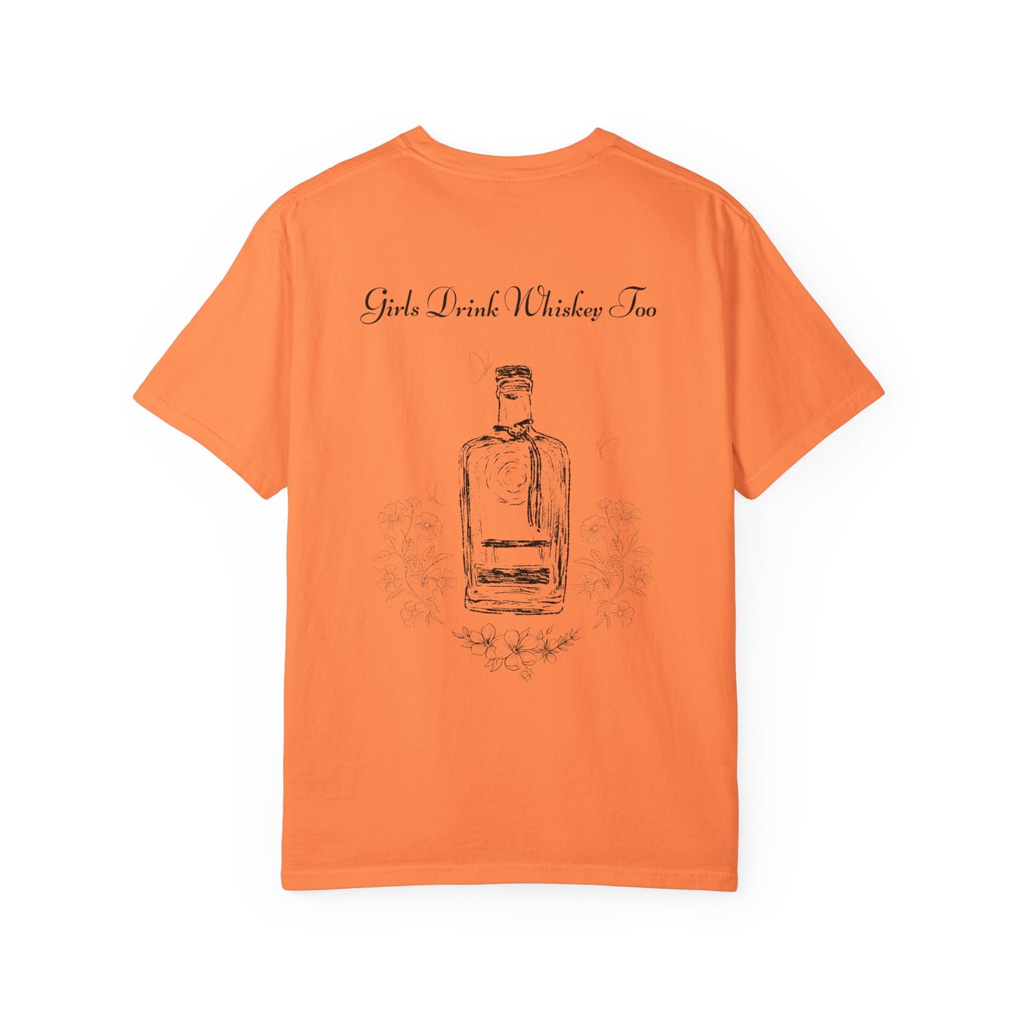 Girls Drink Whiskey Too T-Shirt — Feminine Whiskey Bottle Graphic Tee